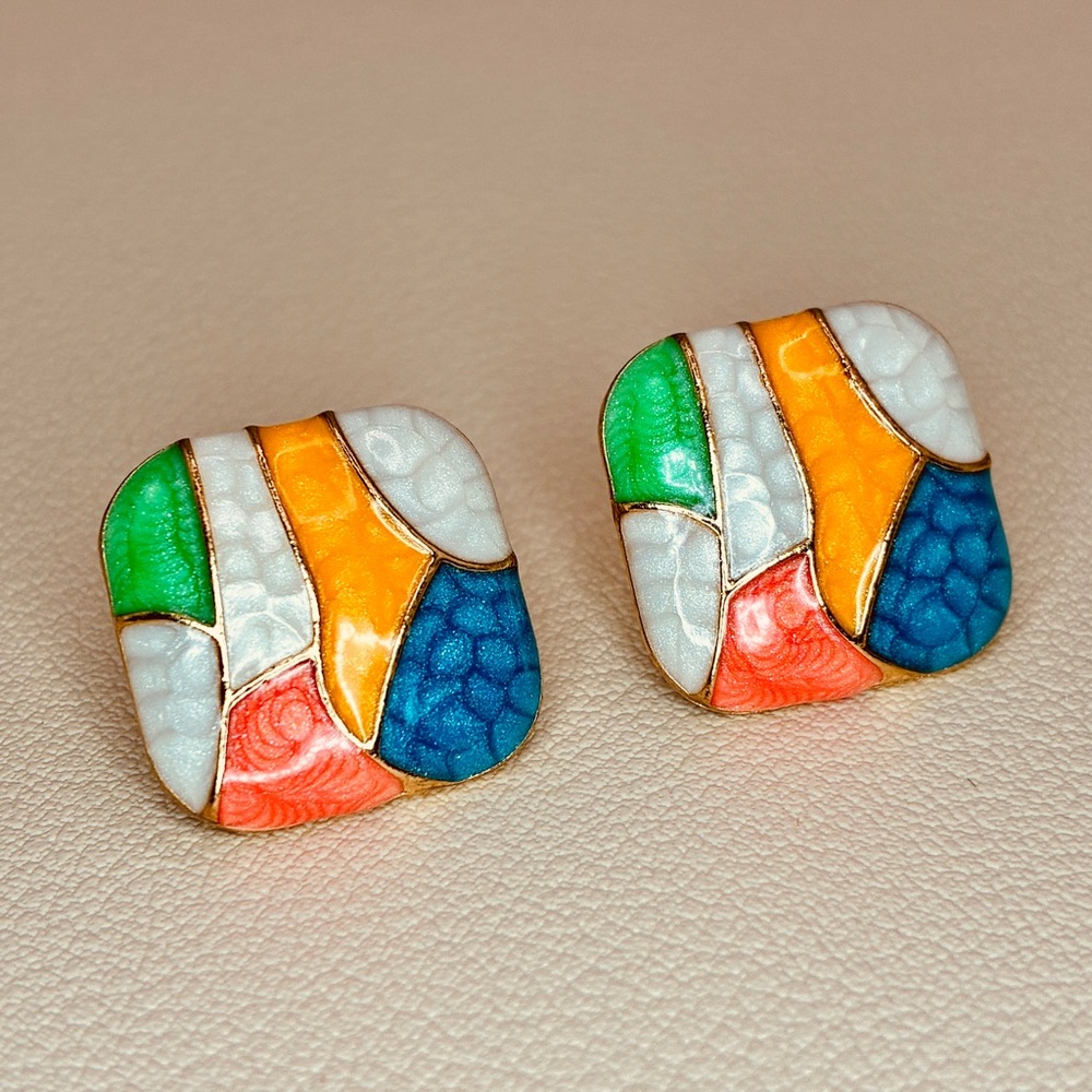Multicolor Enamel Mosaic Button Stud Earrings